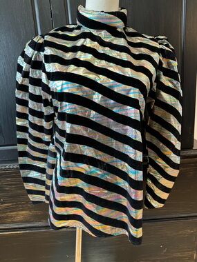 Black Velvet Stripe High Neck Women's Blouse with Iridescent Accents